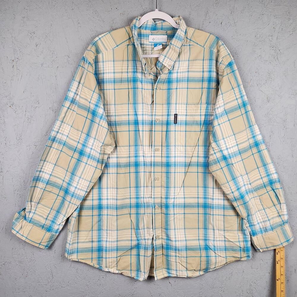Columbia Shirt Mens 2XL Beige Blue Plaid Long Sleeve Button Front Cotton Outdoor